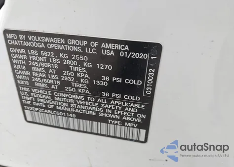 2020 Volkswagen Atlas 2.0T Se из США, поврежденный, VIN 1V2DP2CA8LC501149